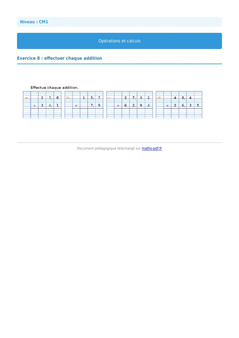 Opérations et calculs : exercice n°8 de maths en CM1 corrigé en PDF