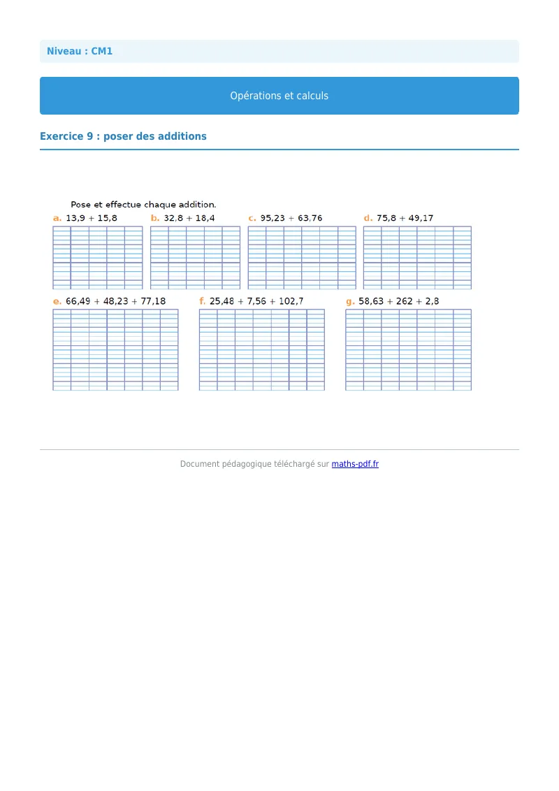 Opérations et calculs : exercice n°9 de maths en CM1 corrigé en PDF