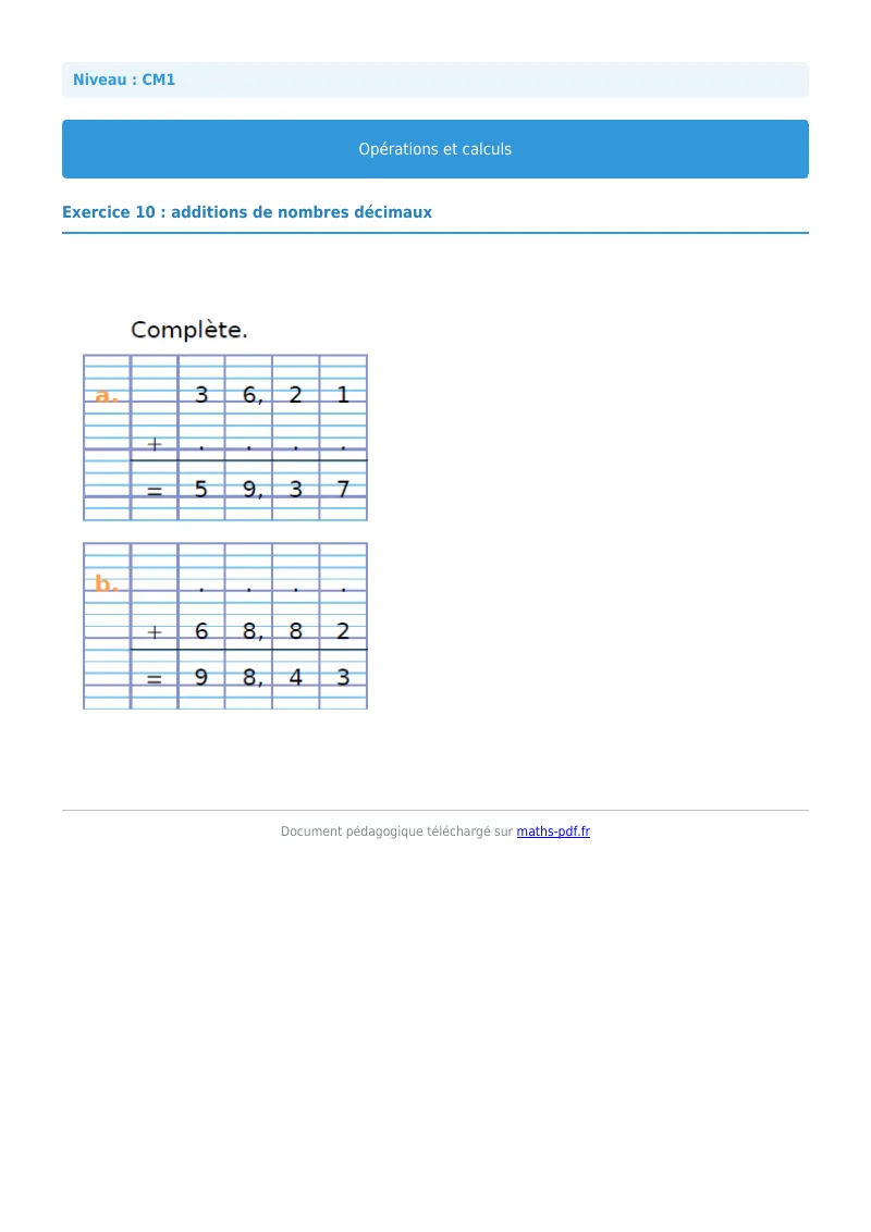 Opérations et calculs : exercice n°10 de maths en CM1 corrigé en PDF