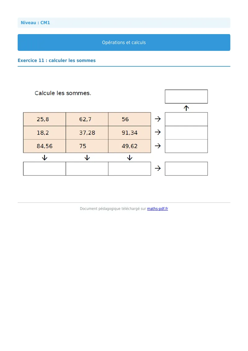Opérations et calculs : exercice n°11 de maths en CM1 corrigé en PDF