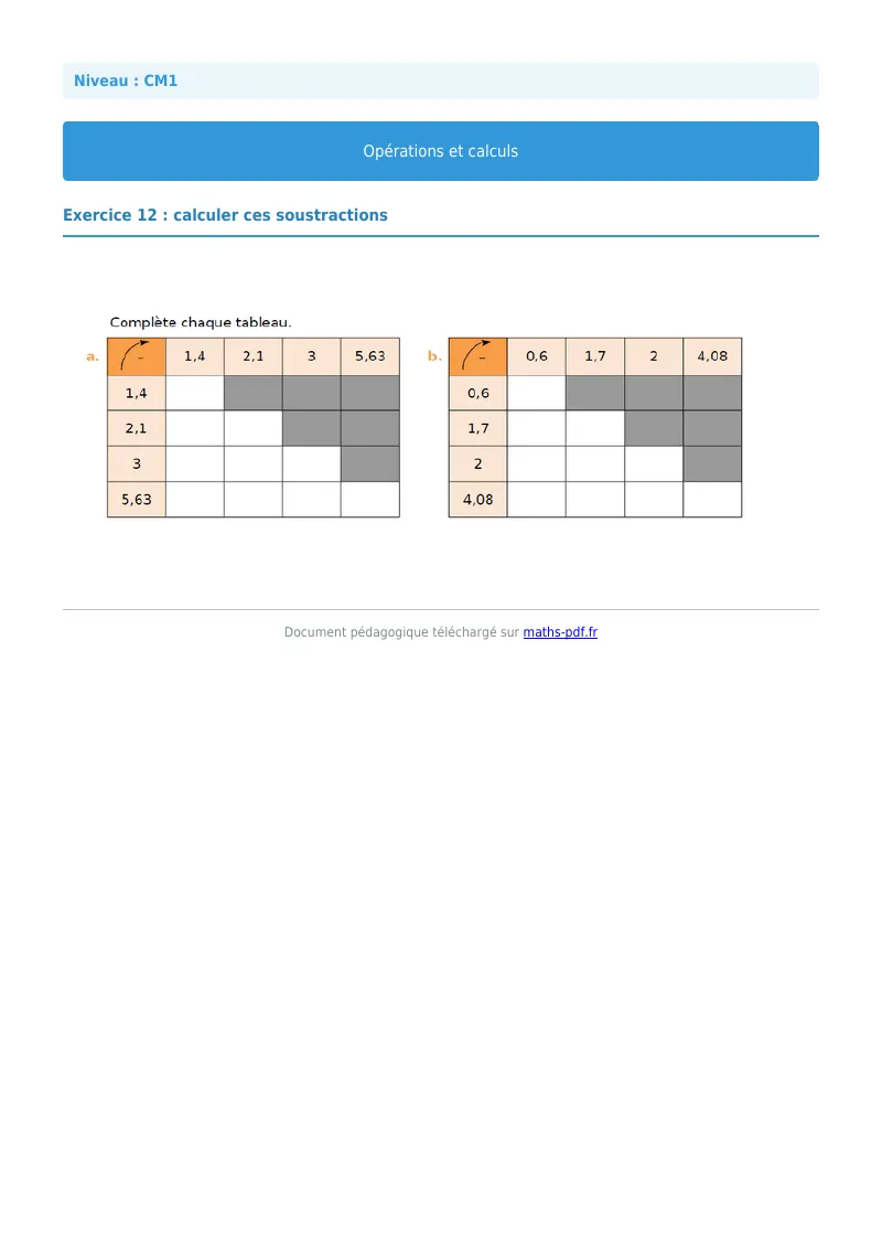 Opérations et calculs : exercice n°12 de maths en CM1 corrigé en PDF