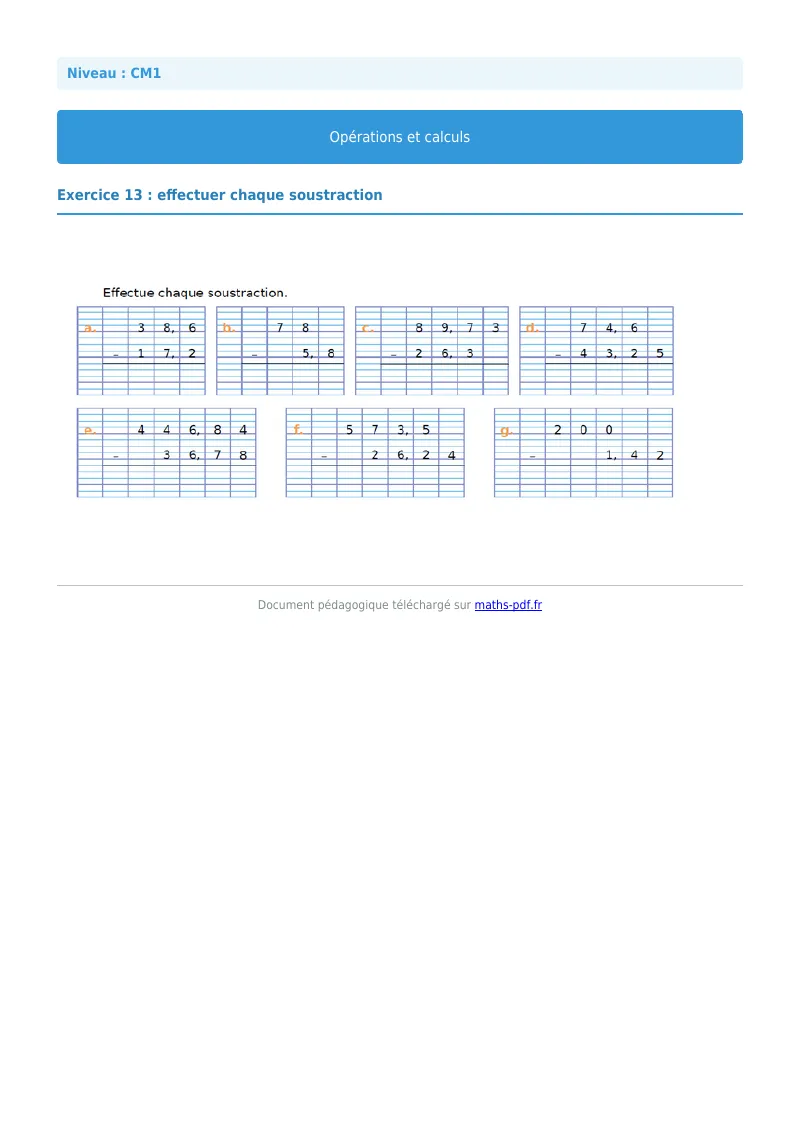 Opérations et calculs : exercice n°13 de maths en CM1 corrigé en PDF