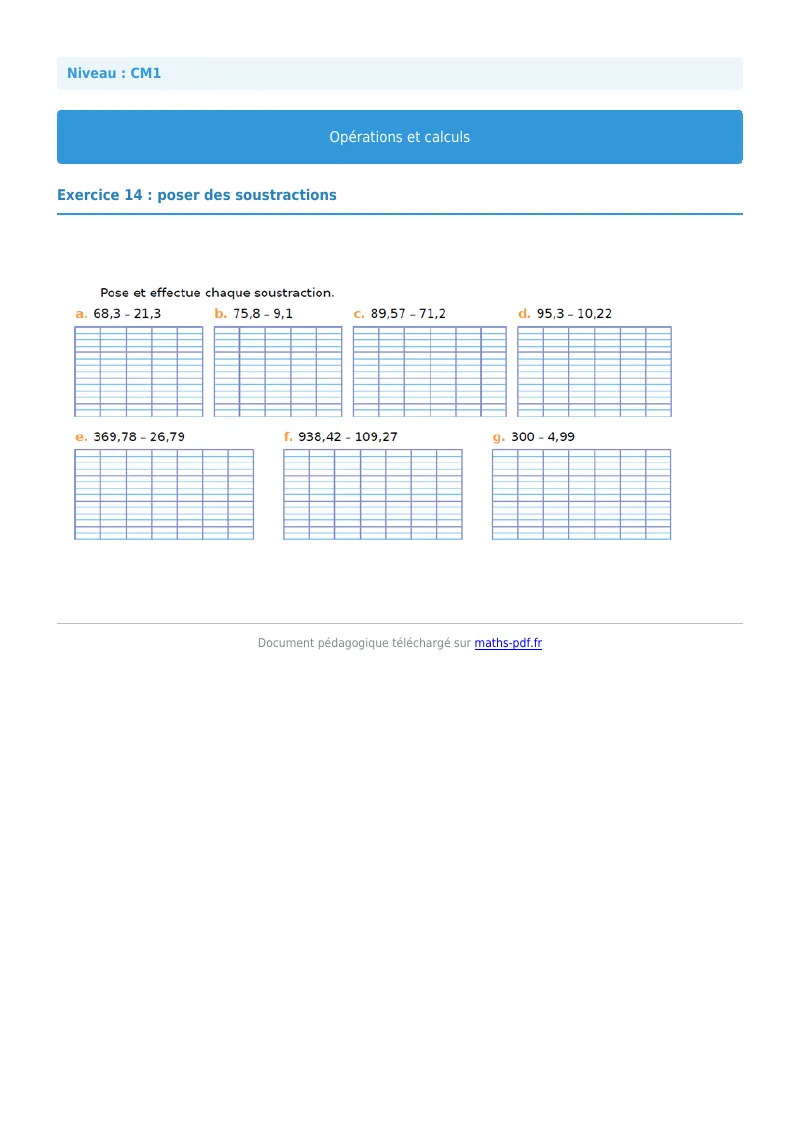 Opérations et calculs : exercice n°14 de maths en CM1 corrigé en PDF