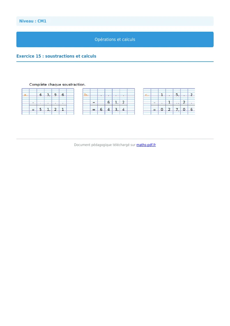 Opérations et calculs : exercice n°15 de maths en CM1 corrigé en PDF
