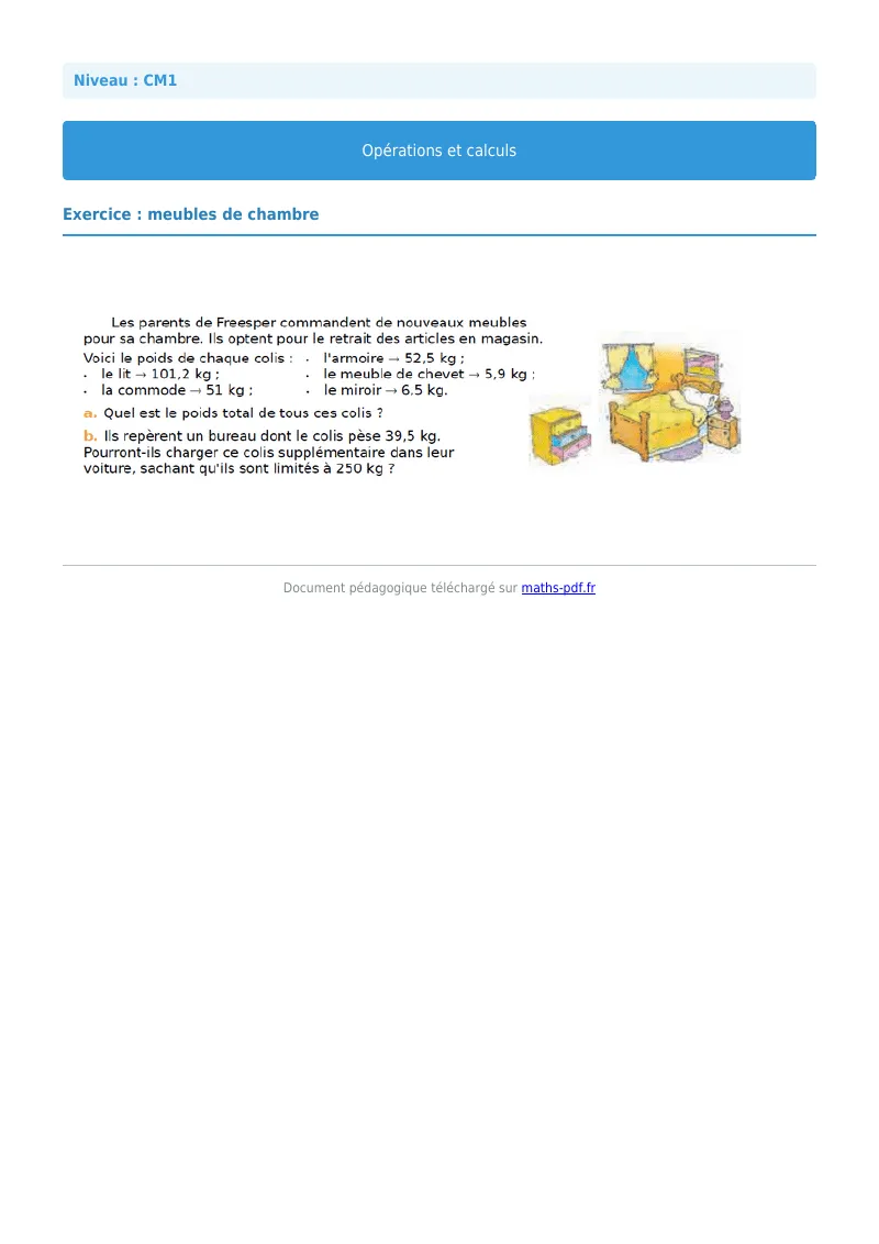 Opérations et calculs : exercice n°16 de maths en CM1 corrigé en PDF