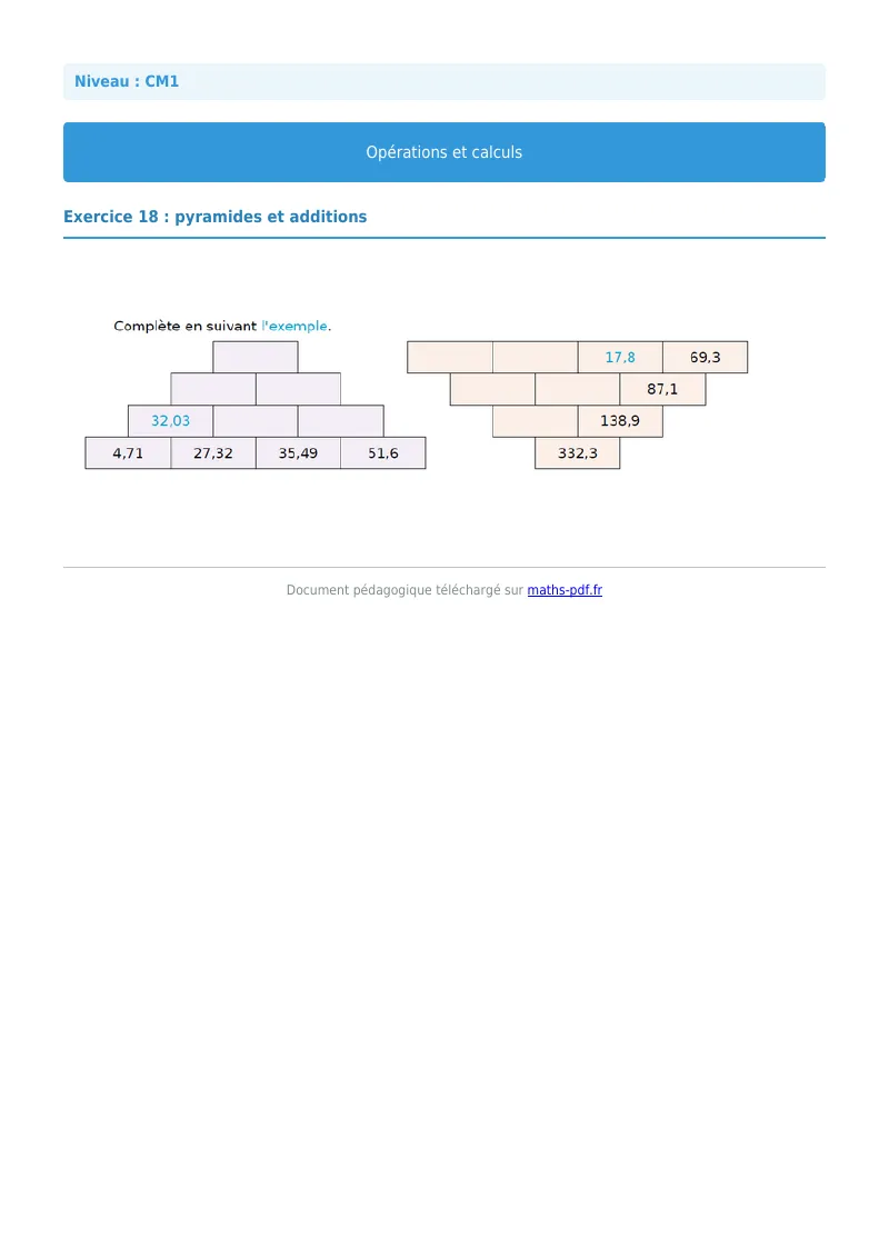 Opérations et calculs : exercice n°18 de maths en CM1 corrigé en PDF