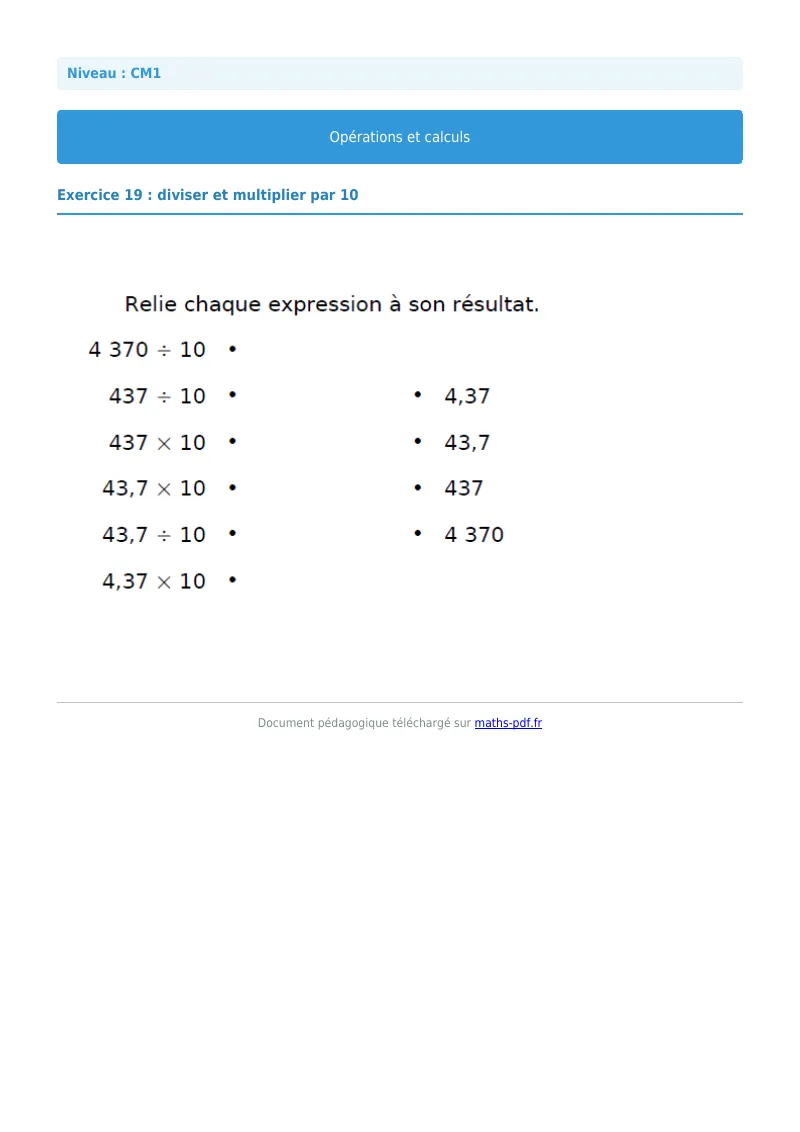 Opérations et calculs : exercice n°19 de maths en CM1 corrigé en PDF