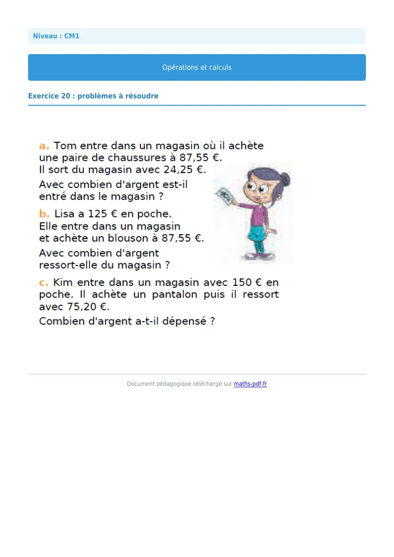 Opérations et calculs : exercice n°20 de maths en CM1 corrigé en PDF