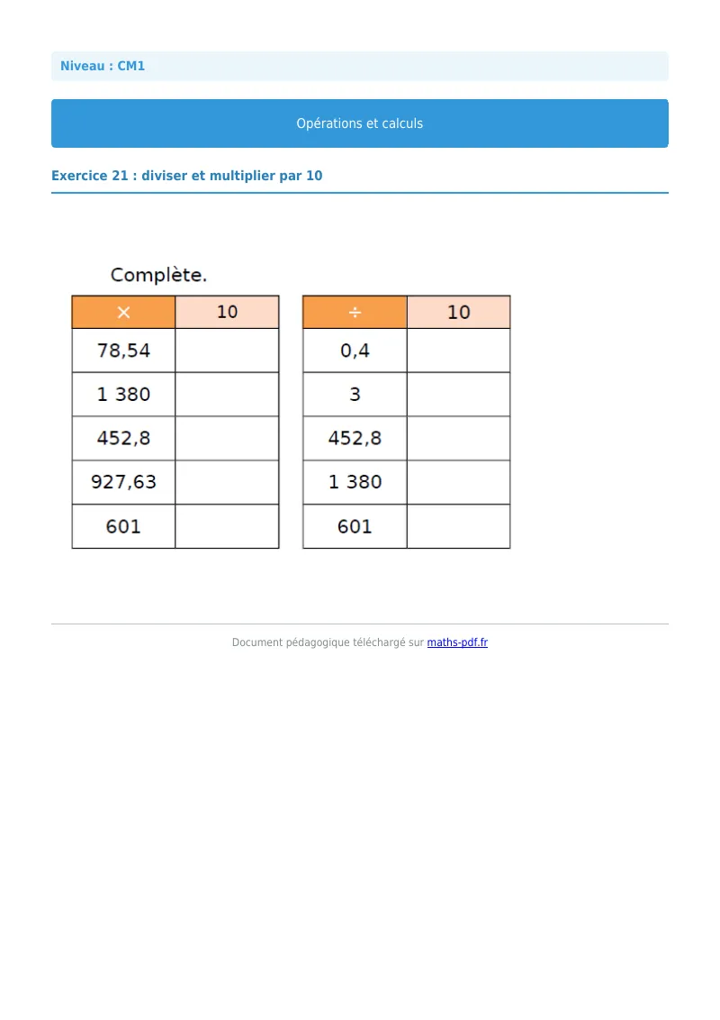 Opérations et calculs : exercice n°21 de maths en CM1 corrigé en PDF