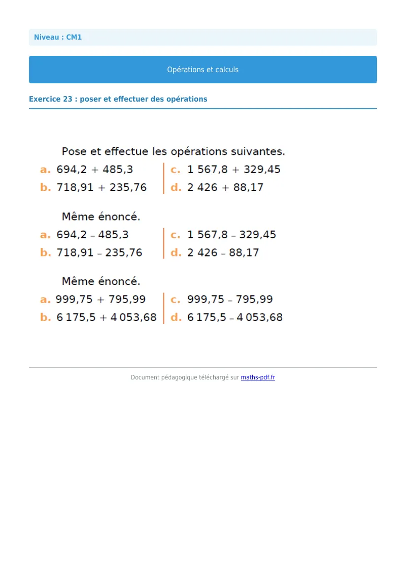 Opérations et calculs : exercice n°23 de maths en CM1 corrigé en PDF
