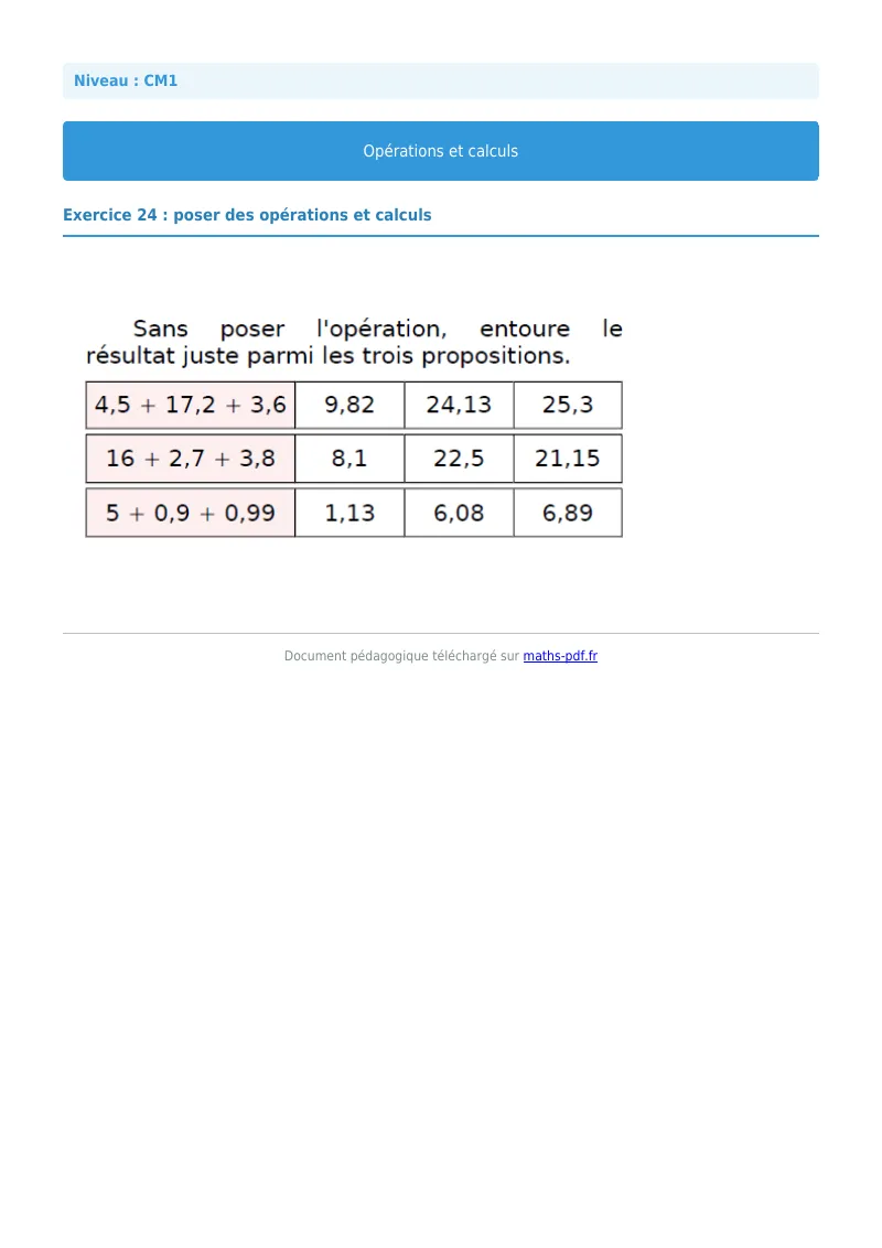 Opérations et calculs : exercice n°24 de maths en CM1 corrigé en PDF