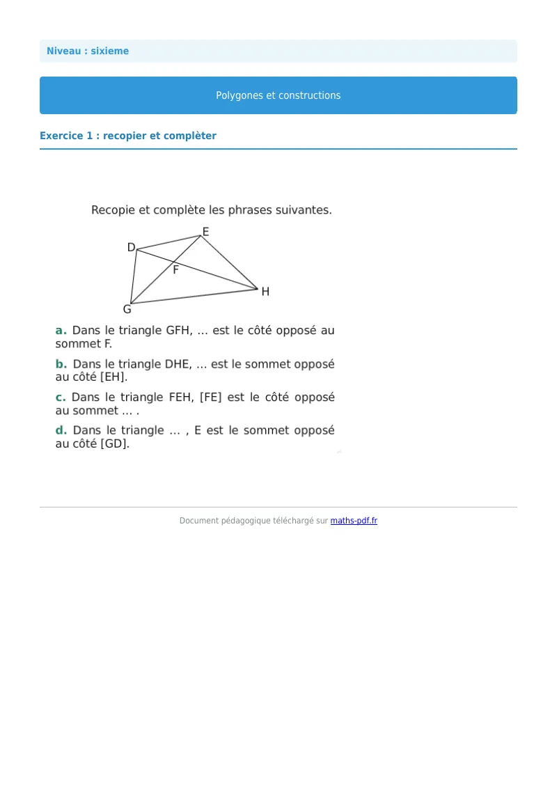 Polygones et constructions : exercice n°1 de maths en 6ème corrigé en PDF