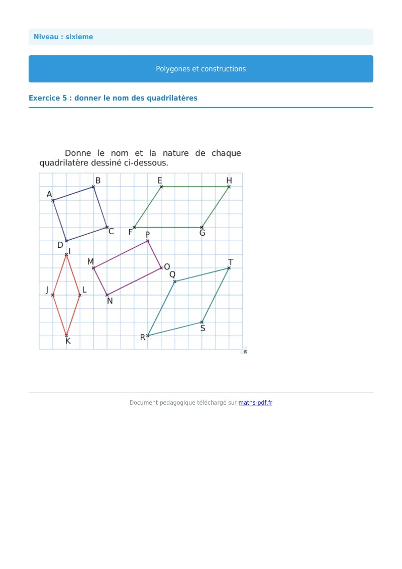 Polygones et constructions : exercice n°5 de maths en 6ème corrigé en PDF