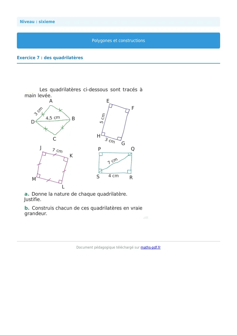 Polygones et constructions : exercice n°7 de maths en 6ème corrigé en PDF