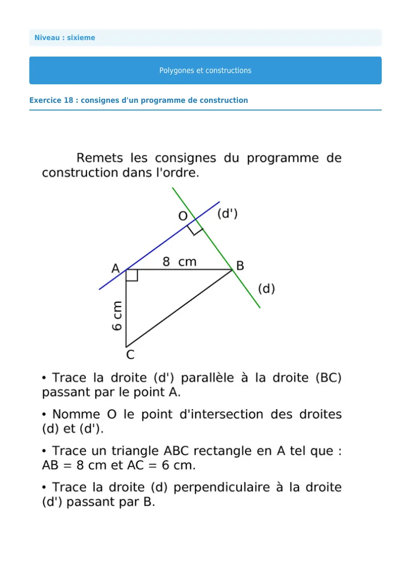 Polygones et constructions : exercice n°18 de maths en 6ème corrigé en PDF