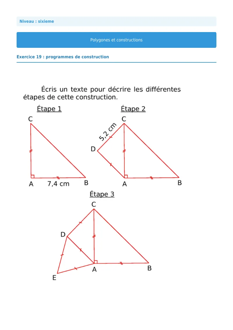 Polygones et constructions : exercice n°19 de maths en 6ème corrigé en PDF