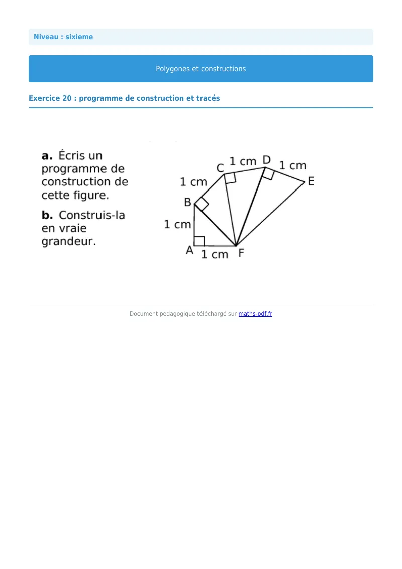 Polygones et constructions : exercice n°20 de maths en 6ème corrigé en PDF