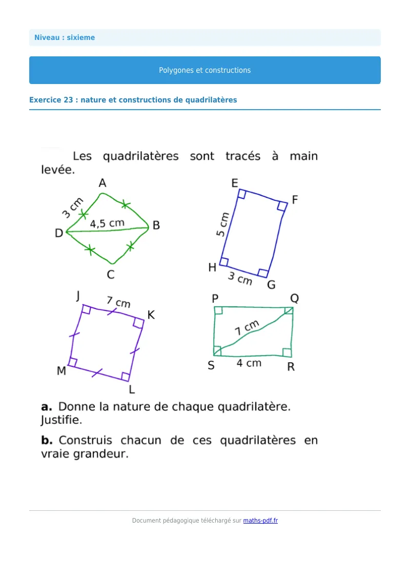 Polygones et constructions : exercice n°23 de maths en 6ème corrigé en PDF