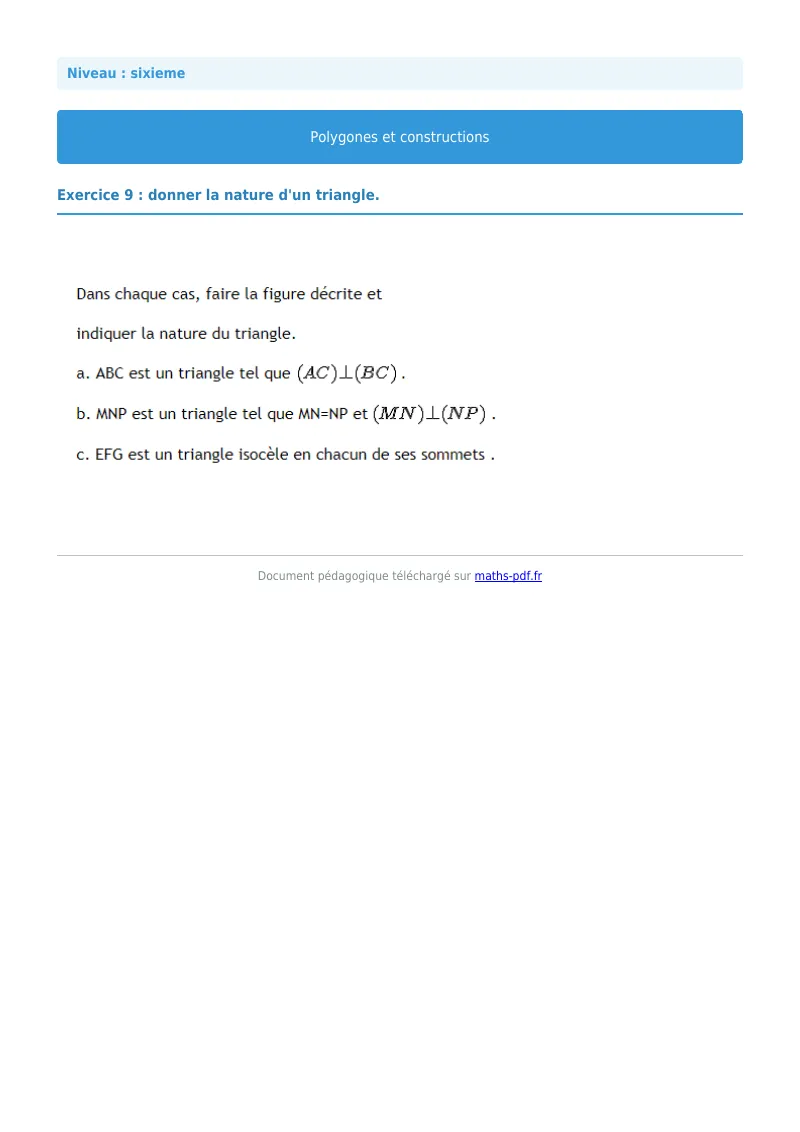 Polygones et constructions : exercice n°9 de maths en 6ème corrigé en PDF