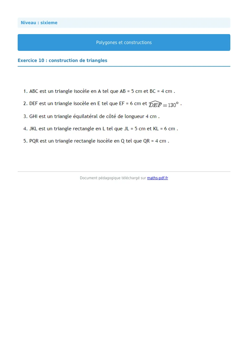Polygones et constructions : exercice n°10 de maths en 6ème corrigé en PDF