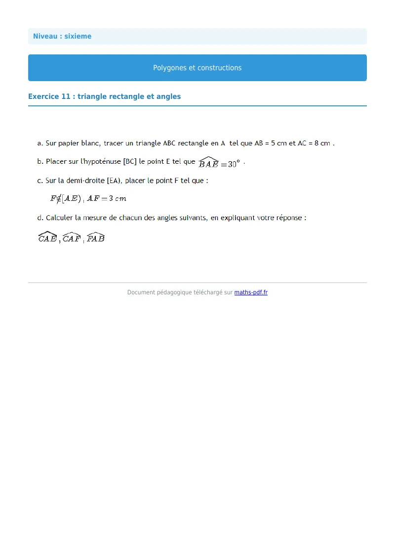 Polygones et constructions : exercice n°11 de maths en 6ème corrigé en PDF