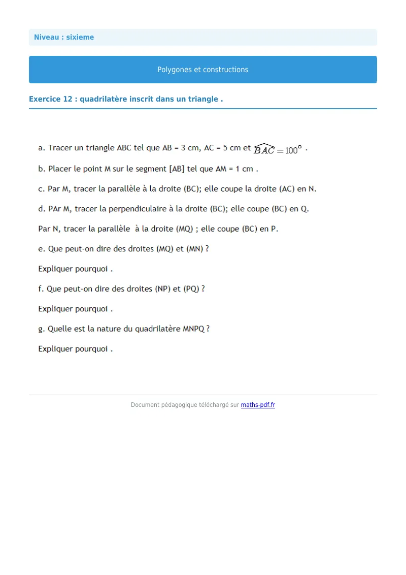 Polygones et constructions : exercice n°12 de maths en 6ème corrigé en PDF