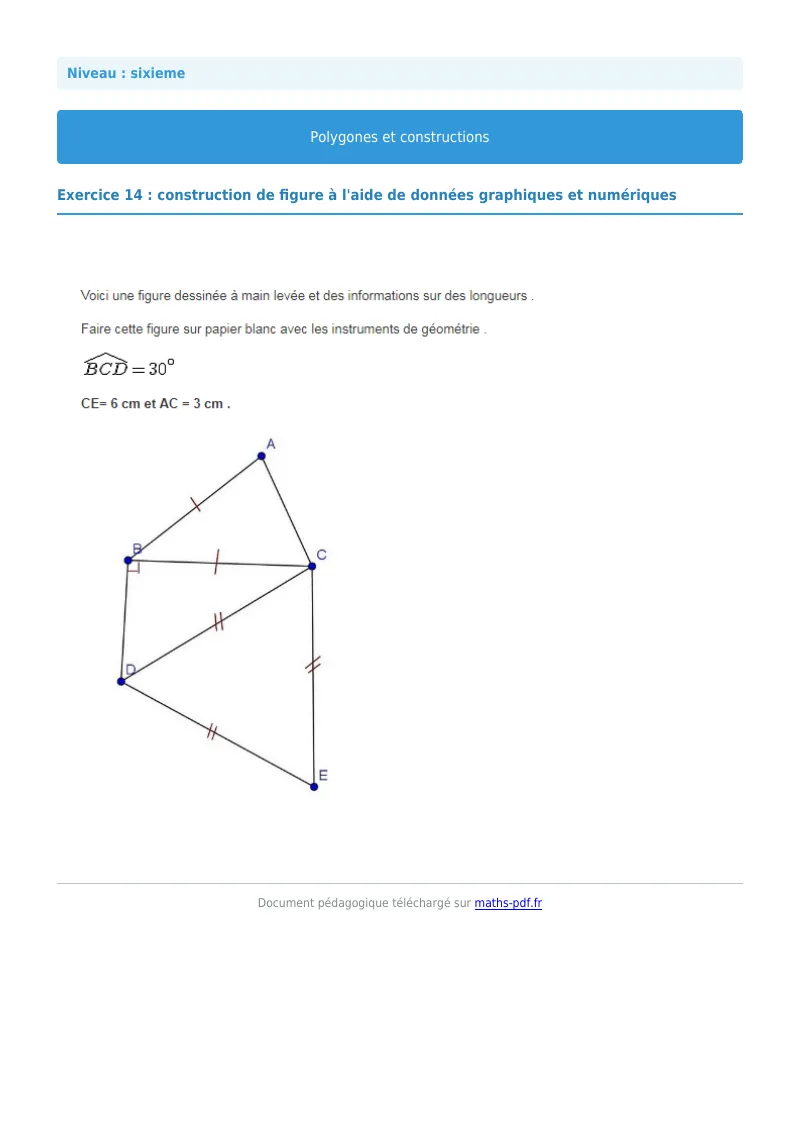 Polygones et constructions : exercice n°14 de maths en 6ème corrigé en PDF