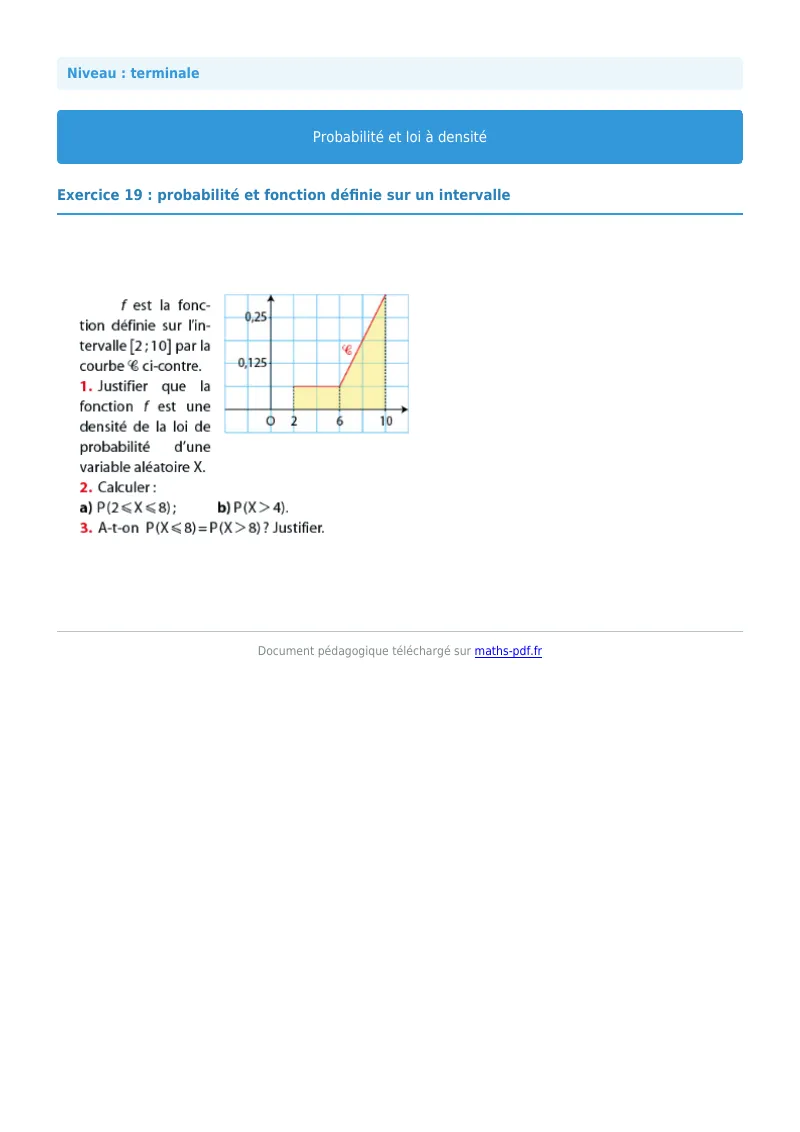 Loi à densité : exercice n°19 de maths en terminale corrigé en PDF