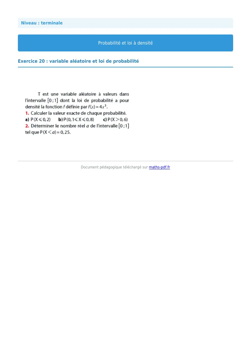 Loi à densité : exercice n°20 de maths en terminale corrigé en PDF