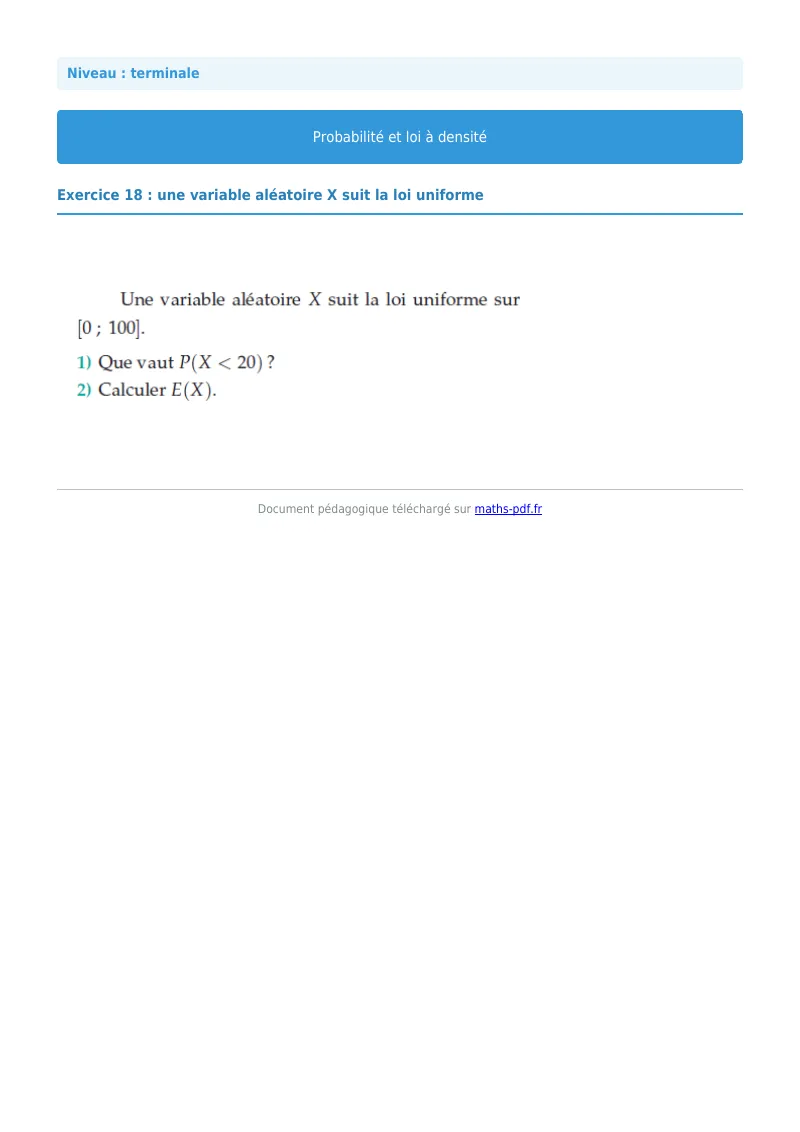 Loi à densité : exercice n°18 de maths en terminale corrigé en PDF