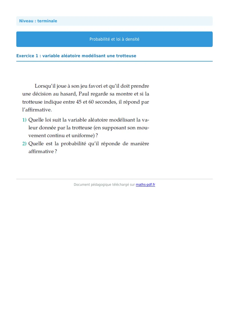 Loi à densité : exercice n°1 de maths en terminale corrigé en PDF