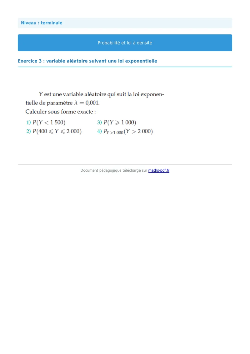 Loi à densité : exercice n°3 de maths en terminale corrigé en PDF