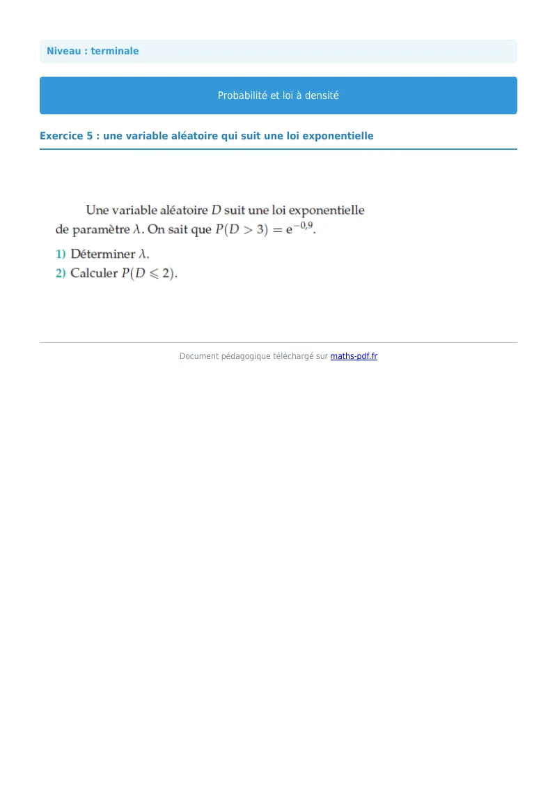 Loi à densité : exercice n°5 de maths en terminale corrigé en PDF