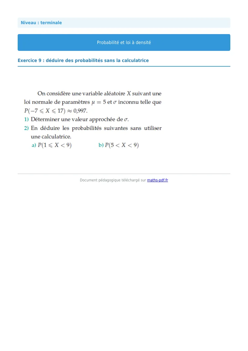 Loi à densité : exercice n°9 de maths en terminale corrigé en PDF