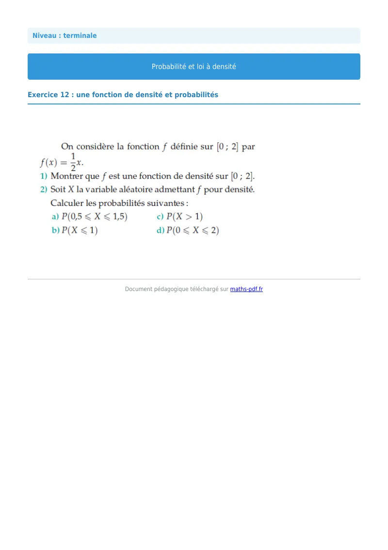 Loi à densité : exercice n°12 de maths en terminale corrigé en PDF