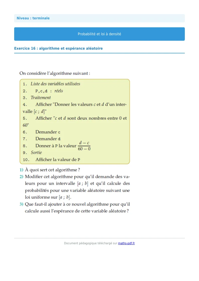 Loi à densité : exercice n°16 de maths en terminale corrigé en PDF