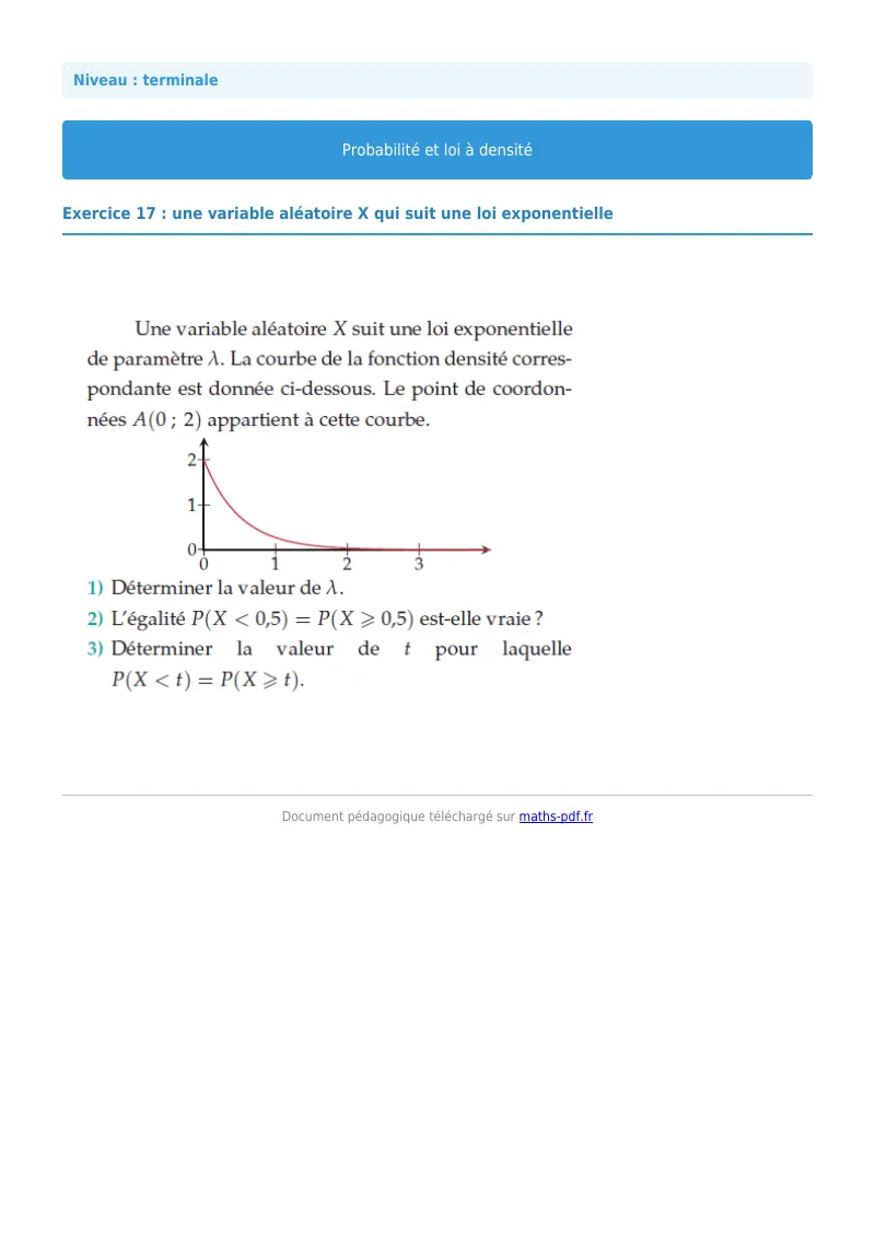 Loi à densité : exercice n°17 de maths en terminale corrigé en PDF