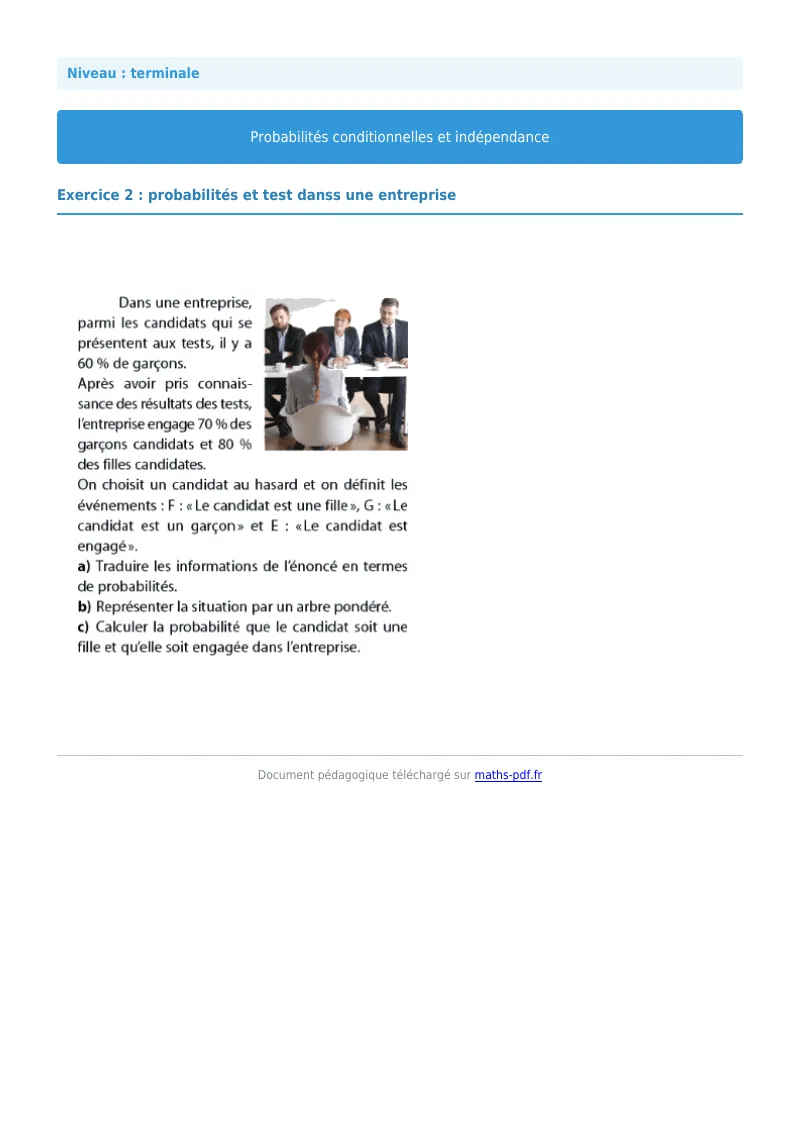 Probabilités conditionnelles : exercice n°2 de maths en terminale corrigé en PDF