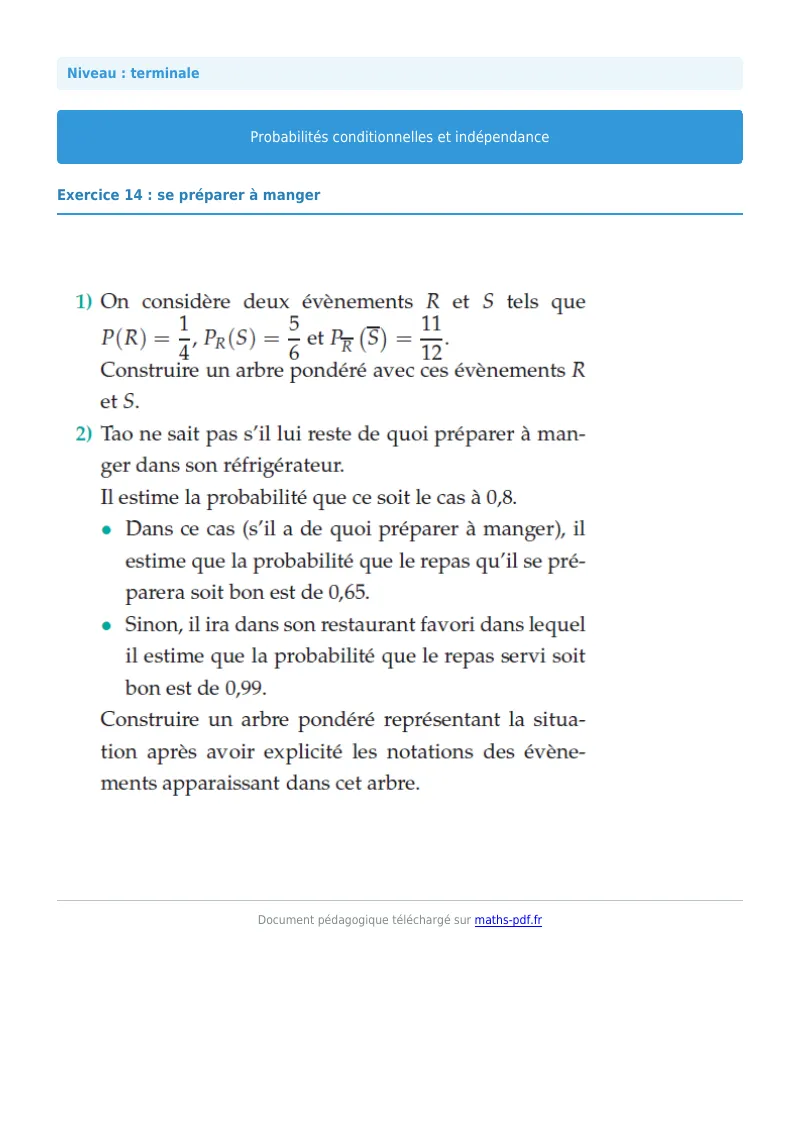 Probabilités conditionnelles : exercice n°14 de maths en terminale corrigé en PDF
