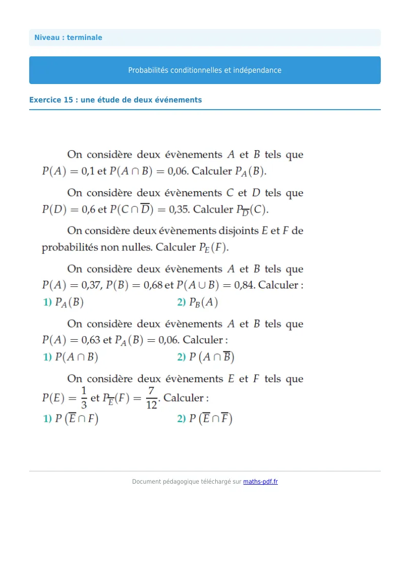 Probabilités conditionnelles : exercice n°15 de maths en terminale corrigé en PDF