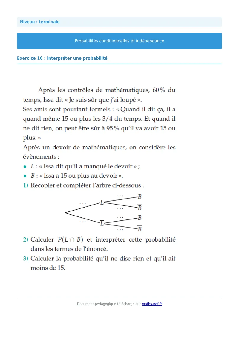 Probabilités conditionnelles : exercice n°16 de maths en terminale corrigé en PDF