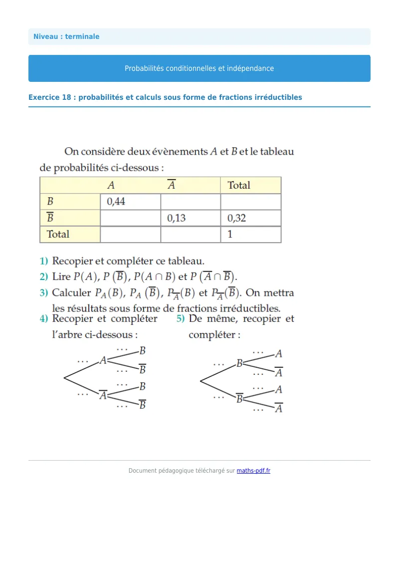 Probabilités conditionnelles : exercice n°18 de maths en terminale corrigé en PDF