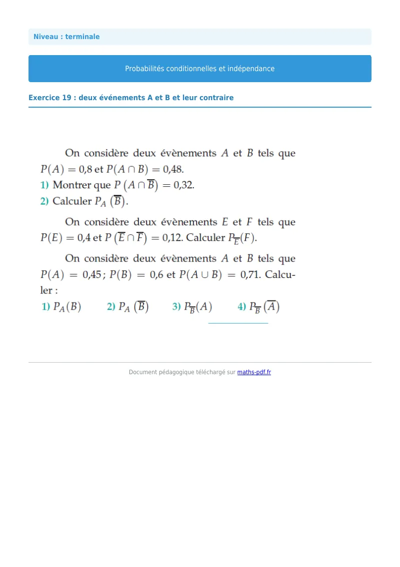 Probabilités conditionnelles : exercice n°19 de maths en terminale corrigé en PDF
