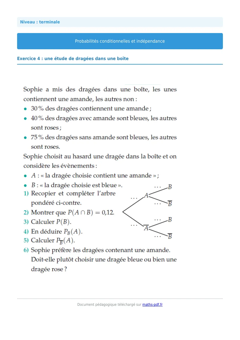 Probabilités conditionnelles : exercice n°4 de maths en terminale corrigé en PDF