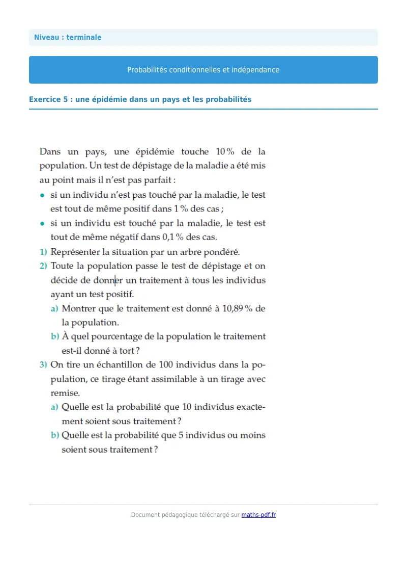 Probabilités conditionnelles : exercice n°5 de maths en terminale corrigé en PDF