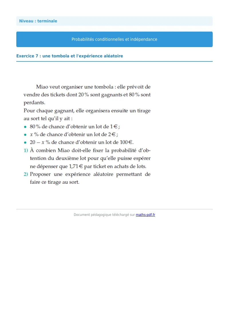 Probabilités conditionnelles : exercice n°7 de maths en terminale corrigé en PDF