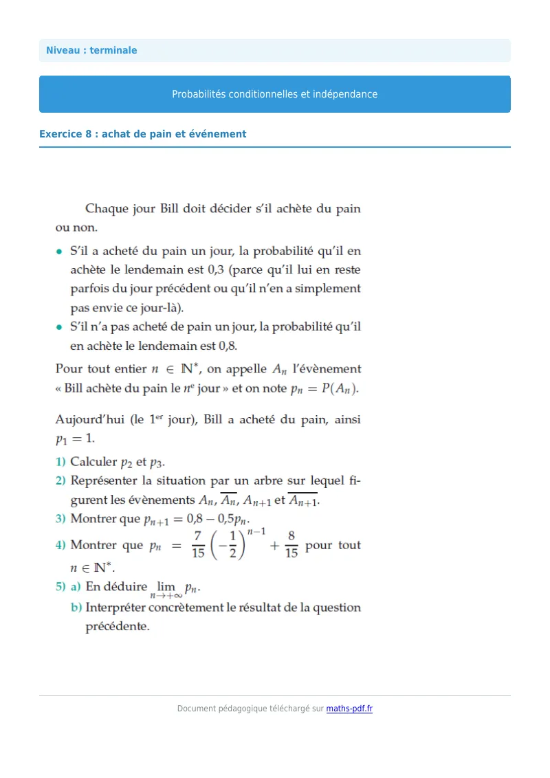 Probabilités conditionnelles : exercice n°8 de maths en terminale corrigé en PDF