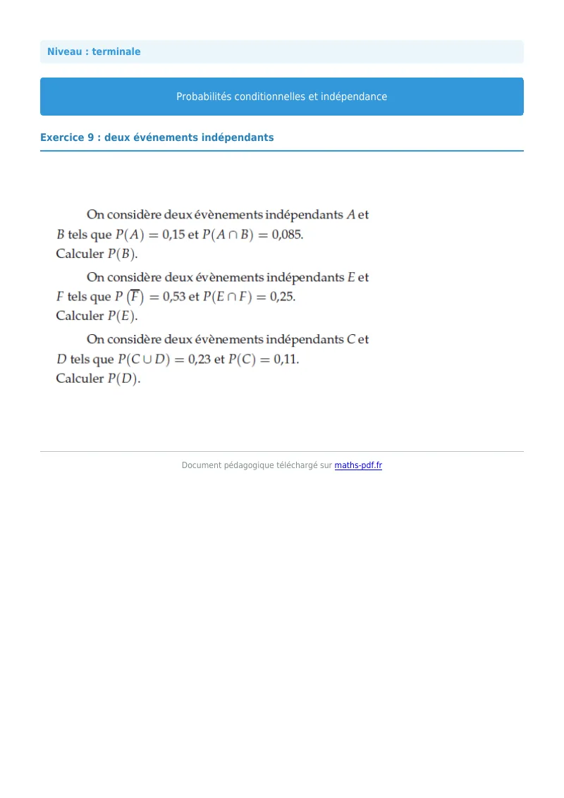 Probabilités conditionnelles : exercice n°9 de maths en terminale corrigé en PDF