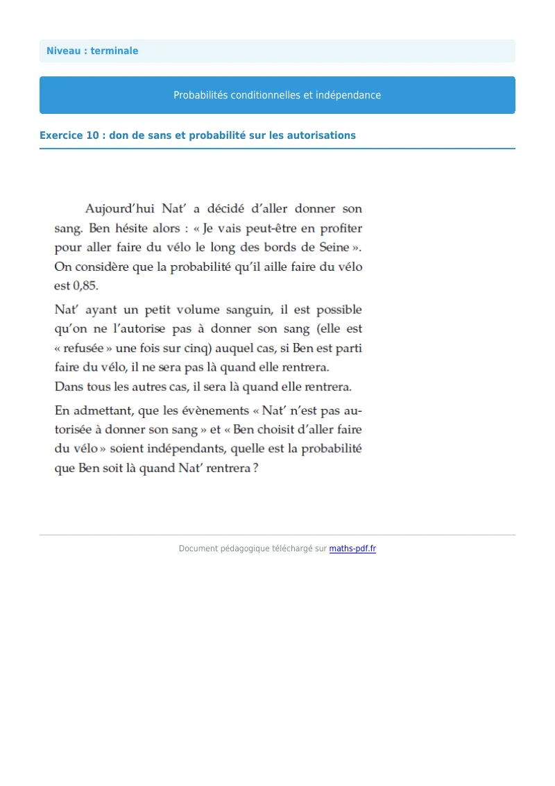 Probabilités conditionnelles : exercice n°10 de maths en terminale corrigé en PDF