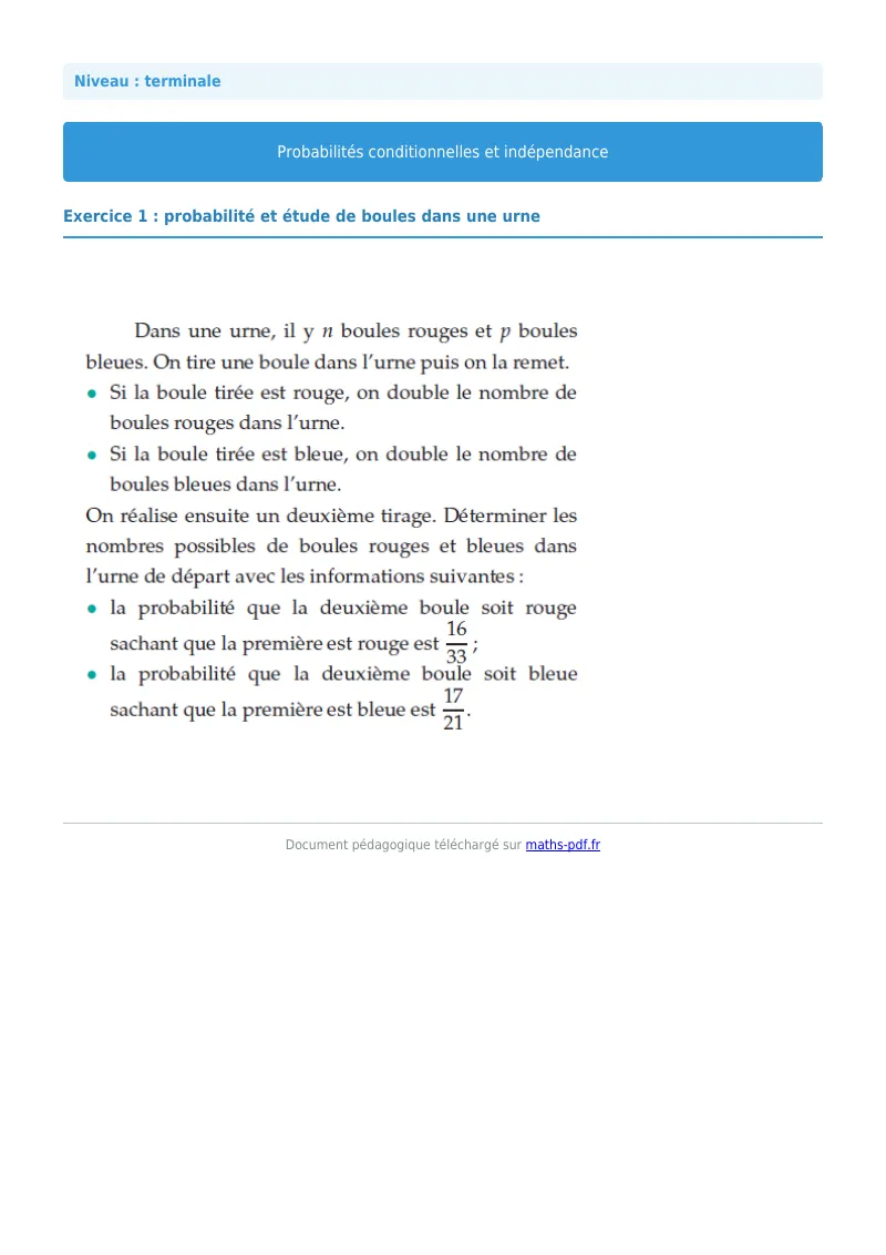 Probabilités conditionnelles : exercice n°1 de maths en terminale corrigé en PDF
